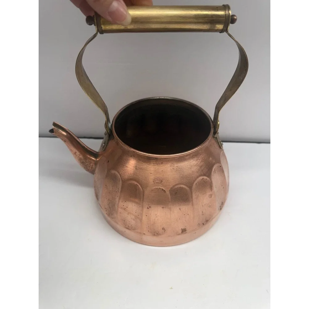 Vintage Copper Tea Kettle Brass Handle Fluted Thumbprint Design Rustic Decor